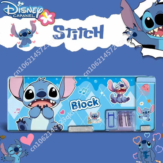 Disney Stitch Creative Double Sided Storage Pen Box with Pencil Sharpener Student Cartoon Pencil Case with Pencil Sharpener Gift