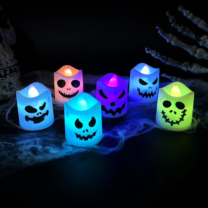 6pcs Halloween Led Ghost Pumpkin Candle Light Halloween Party Indoor Home Bar Decoration Haunted House Horror Props Glow Lamp