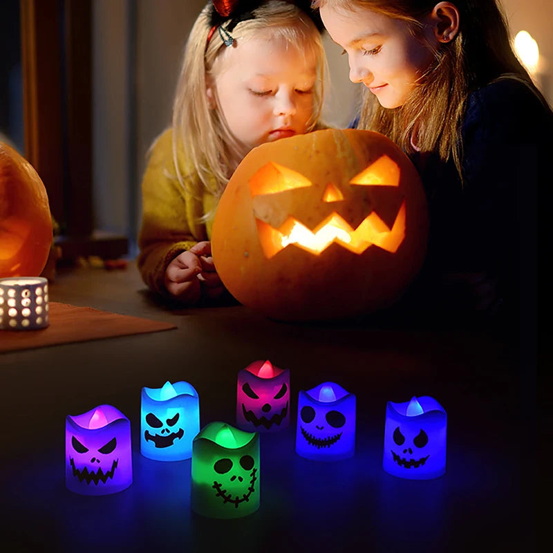 6pcs Halloween Led Ghost Pumpkin Candle Light Halloween Party Indoor Home Bar Decoration Haunted House Horror Props Glow Lamp