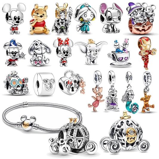 Silver Disney 100th Princess Pumpkin Cart Mickey Minnie Dumbo Charm Stitch Beads Fit Original Pandora Bracelets DIY Jewelry