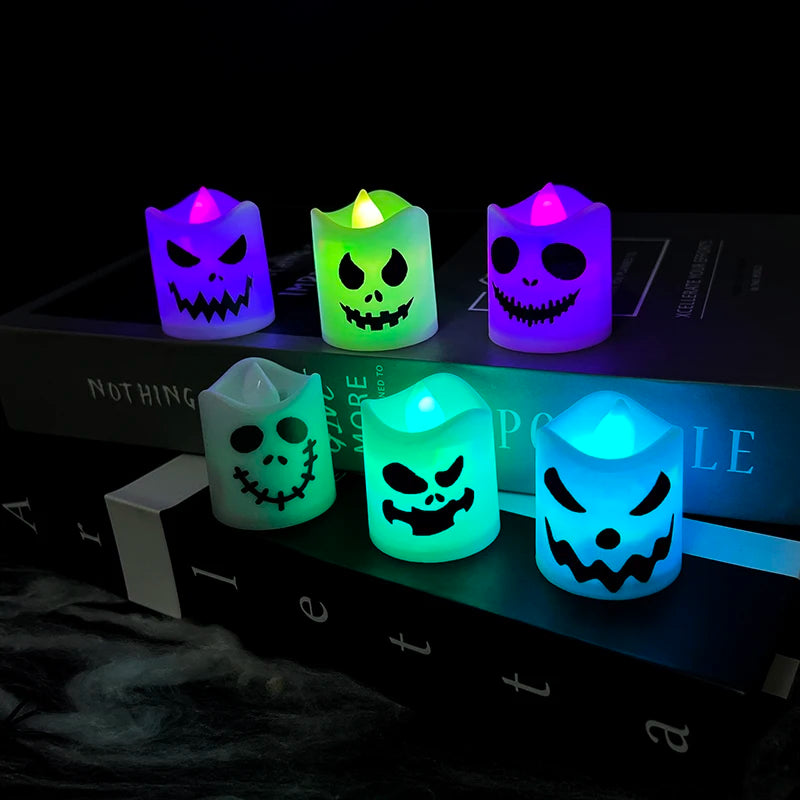 6pcs Halloween Led Ghost Pumpkin Candle Light Halloween Party Indoor Home Bar Decoration Haunted House Horror Props Glow Lamp